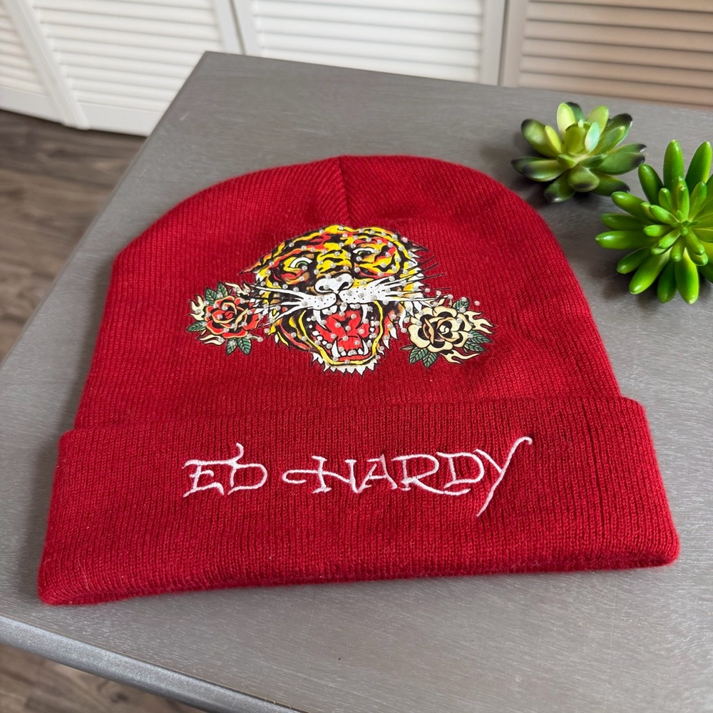 Ed Hardy Red Studded Tiger Beanie
